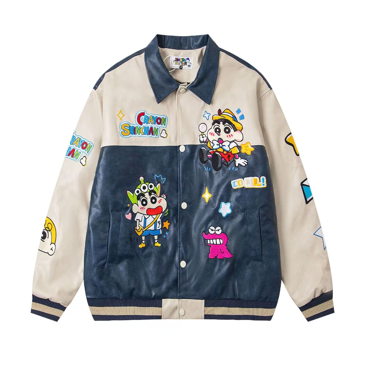 chaonime趣味卡通刺绣撞色翻领夹棉皮衣外套男女宽松保暖棉服夹克