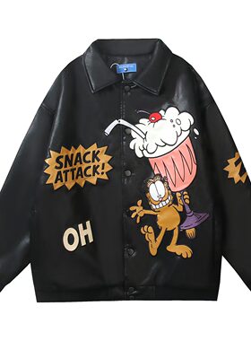 chainime美式复古加菲猫拼皮刺绣PU皮夹克棉服冬季保暖防风棒球服