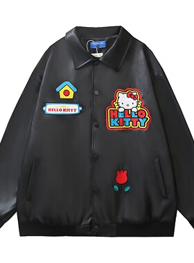 chaonimei潮牌HelloKitty贴布绣皮衣机车外套女宽松学院风夹克男
