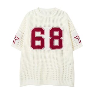 chaonime美式复古球衣字母设计感针织衫女夏季新款镂空短袖上衣潮