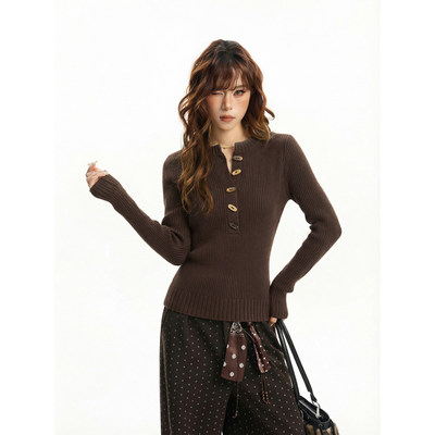 美式咖色正肩长袖针织衫