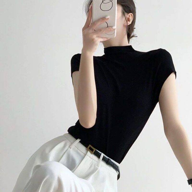 短袖高领针织衫上衣修身打底衫显瘦法式黑色设计感气质t恤女小众