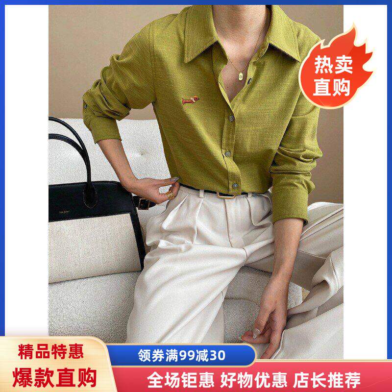 小狗博主风SN6翻领刺绣新款时髦 2司南亚麻腊肠长袖衬衫早秋99