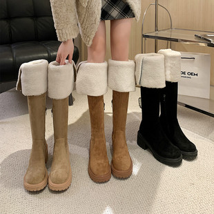 不二橘显瘦过膝靴羊羔毛雪地靴2023新款麂皮长筒靴加绒厚底高筒靴