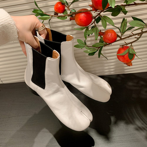 手工纯皮马蹄猪脚分趾靴女猪蹄鞋子真皮切尔西靴高跟短靴中筒靴子