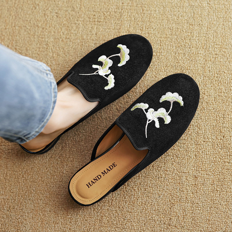 新中式真皮复古国风刺绣圆头半拖鞋女外穿低跟平底包头穆勒凉拖鞋,户外/登山/野营/旅行用品,登山鞋/徒步鞋,淘宝优惠券,粉丝福利购,淘宝优惠卷