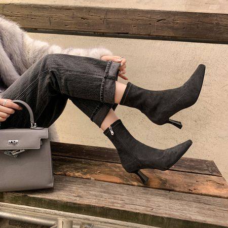 6.5CM秋冬法式方头绒面短靴2024冬季小猫跟后拉链绒面韩版瘦瘦靴,流行男鞋,马丁靴,淘宝优惠券,粉丝福利购,淘宝优惠卷