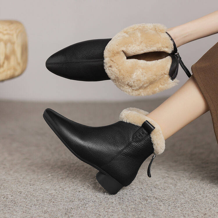 小棉袄~闭眼入~加绒加厚羊皮尖头短靴冬款中跟粗跟真皮羊毛女靴子,流行男鞋,马丁靴,淘宝优惠券,粉丝福利购,淘宝优惠卷