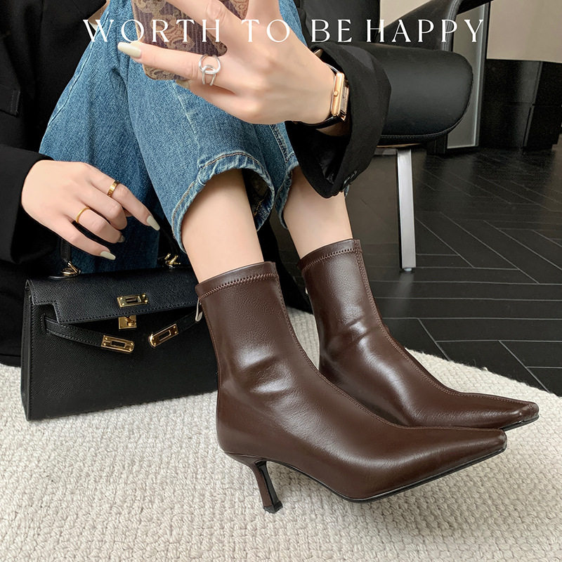 法式棕色短靴女高跟细跟拉链秋冬新款尖头春秋单靴中跟弹力瘦瘦靴