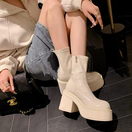 厚底马丁靴女真皮圆头粗跟春秋单靴漆皮短筒超高跟百搭弹力瘦瘦靴