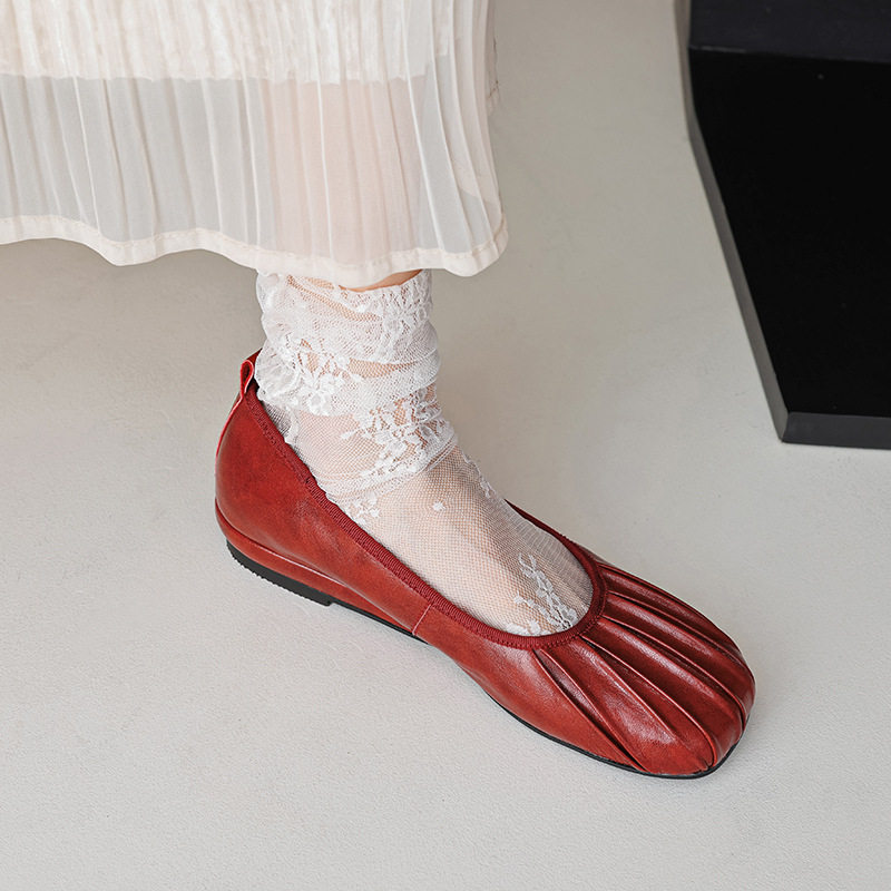 Kmeizu法式优雅~2.5cm低跟单鞋女秋季褶皱贝壳方头瓢鞋真皮平底鞋,户外/登山/野营/旅行用品,登山鞋/徒步鞋,淘宝优惠券,粉丝福利购,淘宝优惠卷