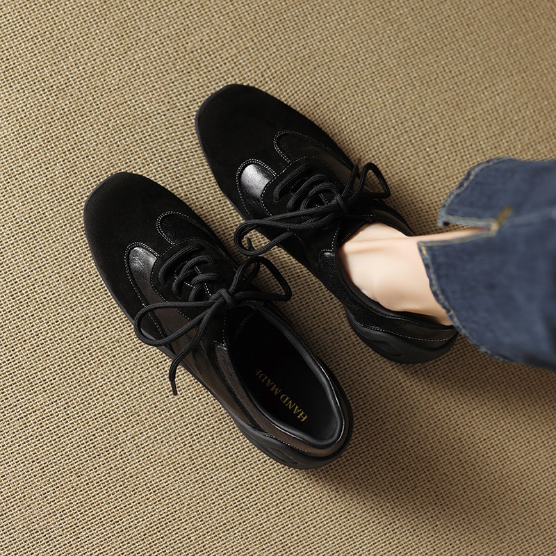 巨好穿软底不累脚法式单鞋女春秋圆头中跟平底真皮厚底系带小皮鞋