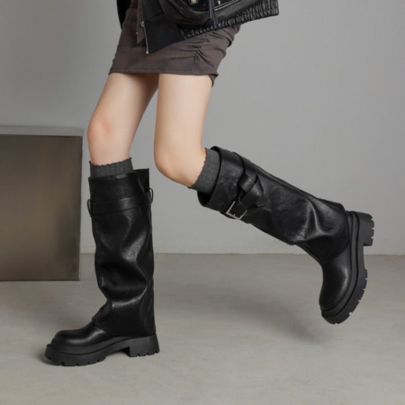 2025新款圆头粗跟厚底骑士靴女褶皱高筒堆堆靴皮带扣裤管靴长筒靴,流行男鞋,马丁靴,淘宝优惠券,粉丝福利购,淘宝优惠卷