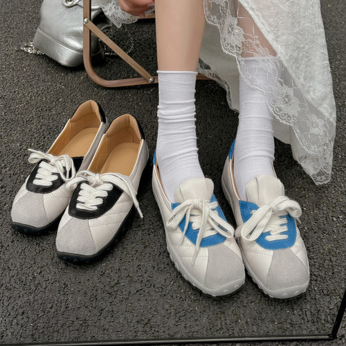 圆头平底系带休闲鞋拼色真皮德训鞋韩版百搭单鞋女2024春秋新款