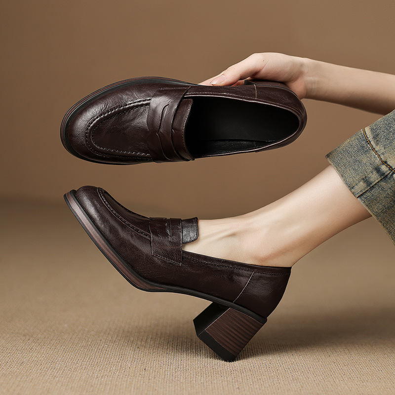 巨好看真皮乐福鞋女2025新款小羊皮不累脚单鞋一脚蹬小皮鞋高跟鞋