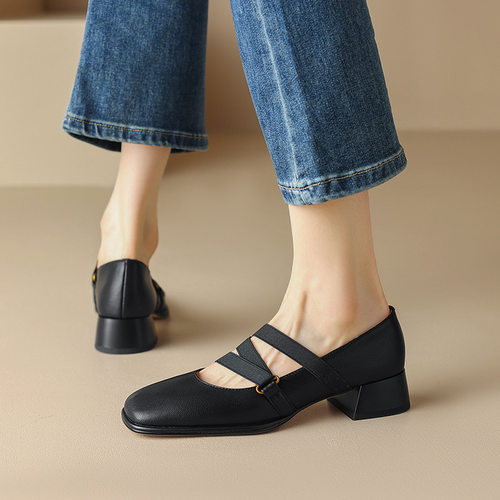 复古风粗跟玛丽珍鞋女春秋新款真皮一字带百搭方头浅口中跟单鞋女