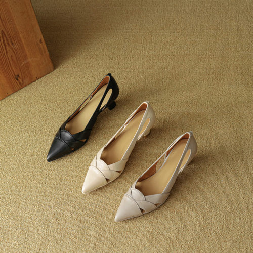 法式优雅镂空细跟高跟鞋女夏真皮尖头浅口侧空透气凉鞋职业工作鞋