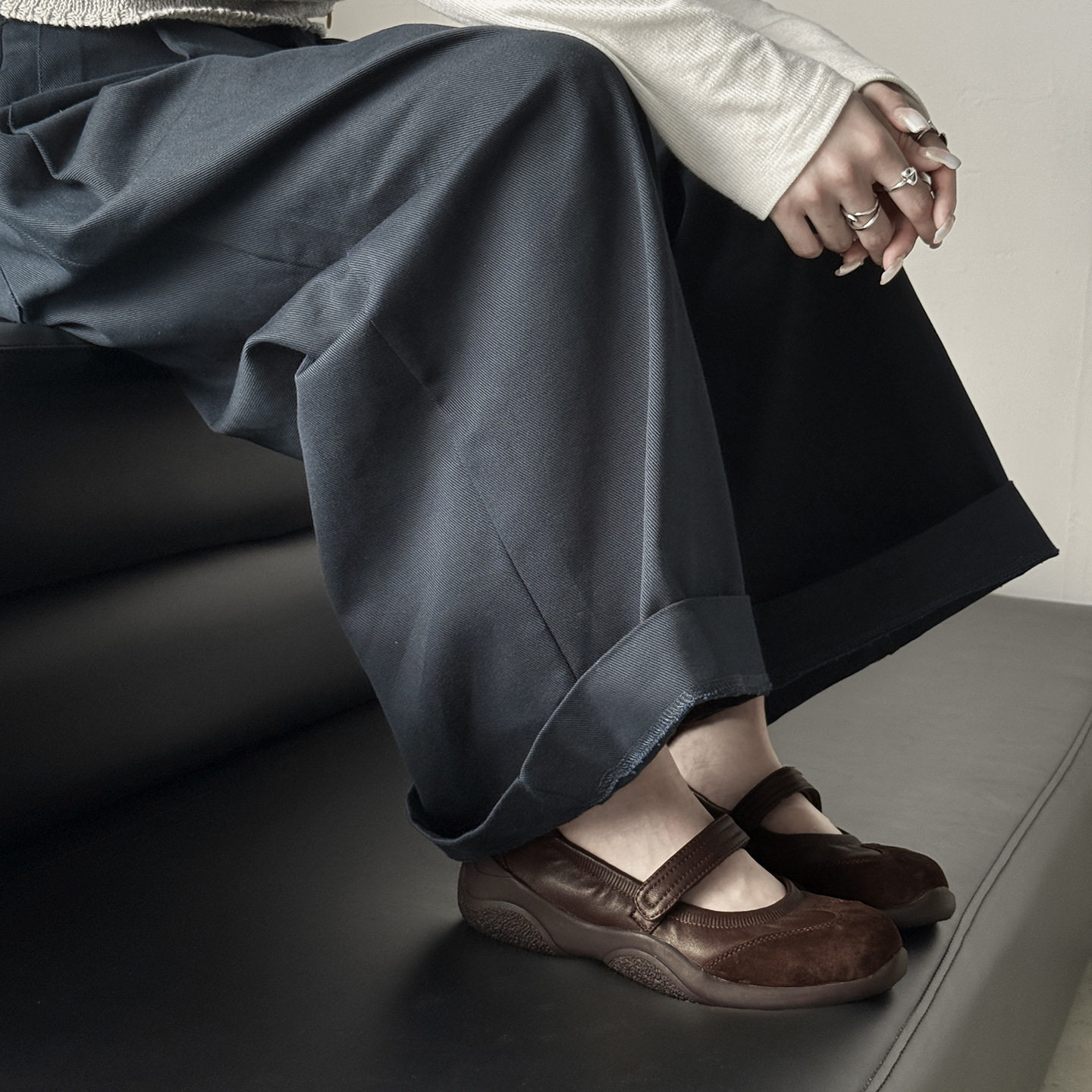 2025秋新款褶皱运动魔术贴玛丽珍鞋女圆头厚底单鞋芭蕾舞鞋休闲鞋