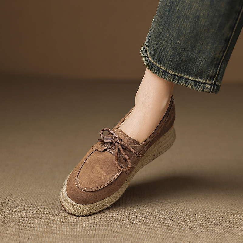 5CM 小个子增高厚底草编复古乐福鞋女秋季圆头系带中跟百搭小皮鞋