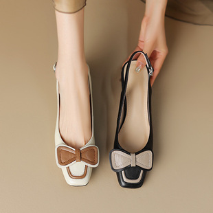 包头后空单鞋 女夏季 甜美蝴蝶结粗跟中跟方头凉鞋 仙女风配裙子韩版
