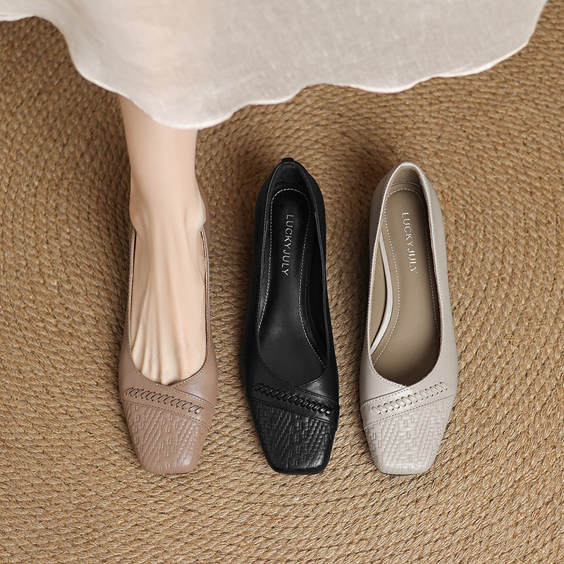 3cm~新款真皮方头简约单鞋女浅口粗跟小皮鞋一脚蹬法式复古高跟鞋