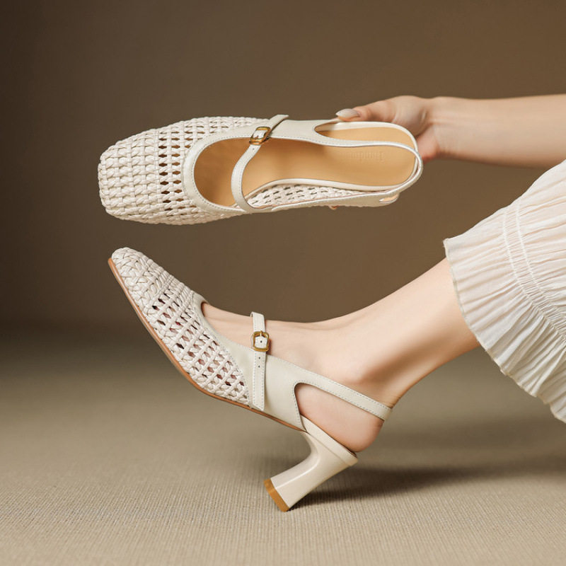法式编织镂空方头罗马鞋5cm粗跟高跟鞋法式一字带包头时装凉鞋女,童鞋/婴儿鞋/亲子鞋,帆布鞋,淘宝优惠券,粉丝福利购,淘宝优惠卷