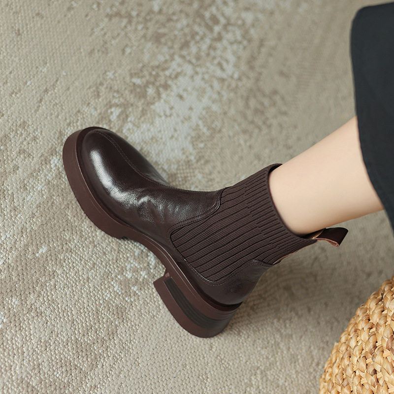 2024新款短靴女粗跟百搭厚底秋冬新款抓纹羊皮中跟袜靴弹力马丁靴,户外/登山/野营/旅行用品,登山鞋/徒步鞋,淘宝优惠券,粉丝福利购,淘宝优惠卷