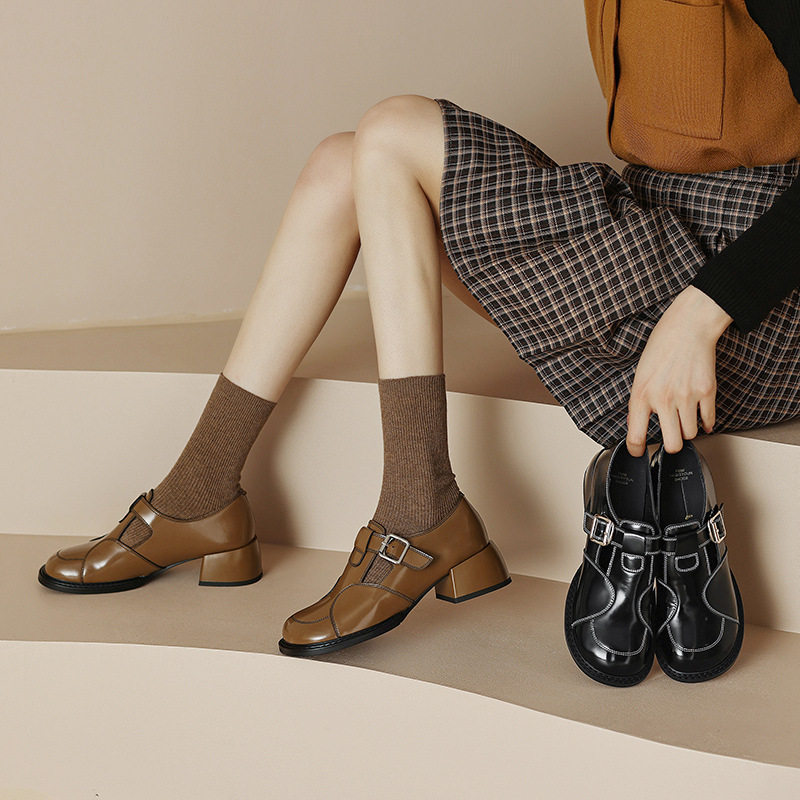 单鞋女2023年新款春秋真皮粗跟皮带扣小皮鞋显瘦jk日系高跟玛丽珍