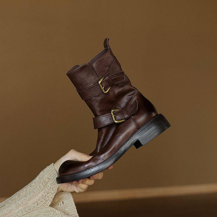 文艺复古软面牛皮粗跟中筒靴女靴2024秋冬新款时尚皮带扣中跟靴子,户外/登山/野营/旅行用品,登山鞋/徒步鞋,淘宝优惠券,粉丝福利购,淘宝优惠卷