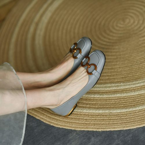 超软！法式蓝色方头百搭单鞋女春秋2023新款低跟真皮复古平底鞋