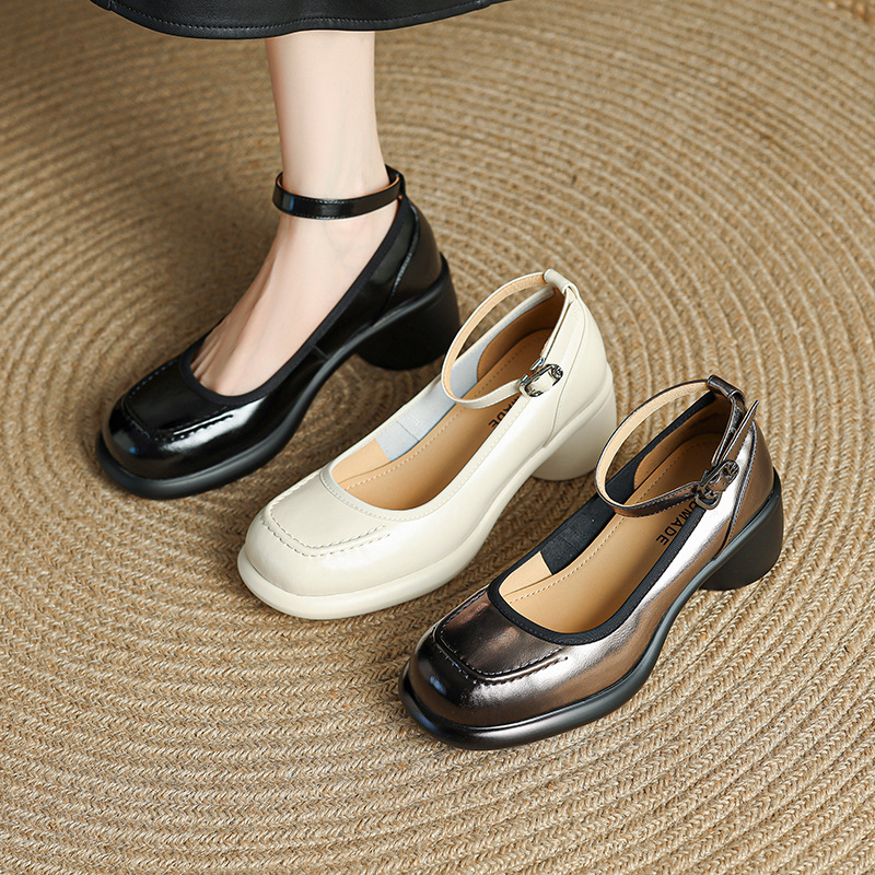 2025新款真皮高跟鞋女粗跟气质单鞋百搭一字带绝美不累脚玛丽珍鞋