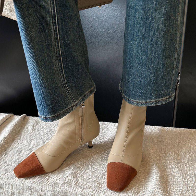 富家名伶~小香风拼色方头猫跟弹力瘦瘦靴女秋冬季韩版通勤小短靴,流行男鞋,马丁靴,淘宝优惠券,粉丝福利购,淘宝优惠卷
