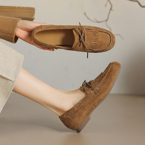 2024秋流苏饰边绒面皮乐福鞋一脚蹬豆豆鞋新中式国潮风软底单鞋女