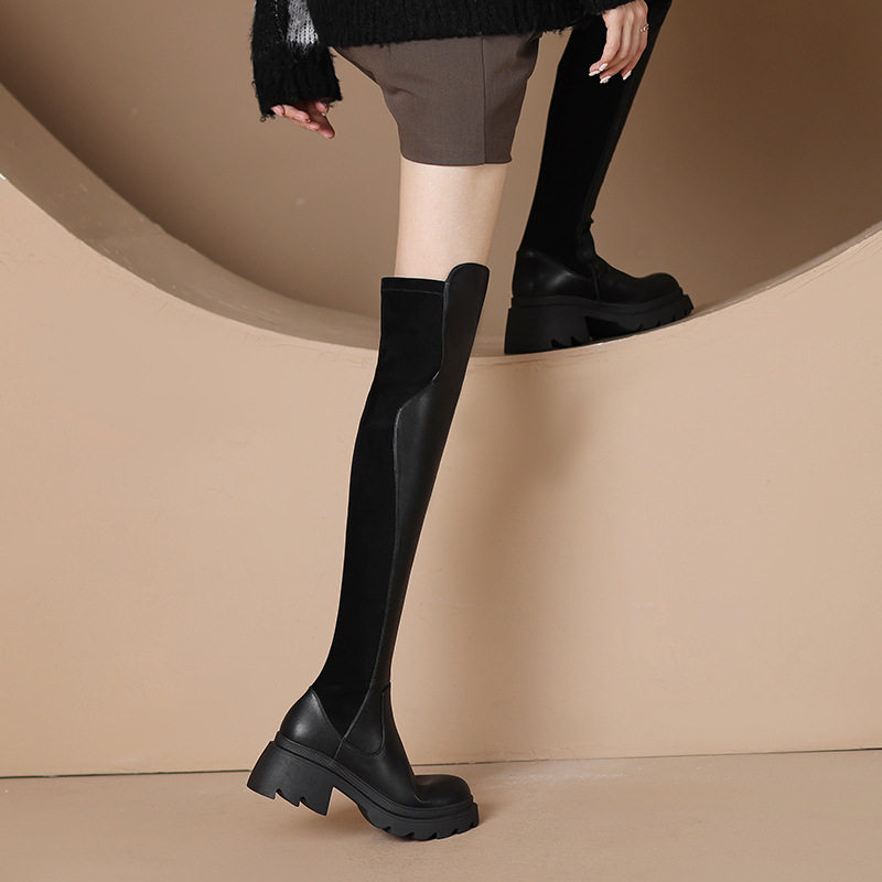 非侈Feichi 巨显瘦~真皮弹力瘦瘦靴女过膝长筒靴子高跟厚底骑士靴,流行男鞋,马丁靴,淘宝优惠券,粉丝福利购,淘宝优惠卷