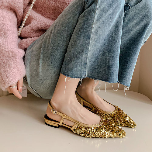 法式尖头亮片包头平底鞋夏季后空凉鞋不露趾仙女风优雅配裙子女鞋