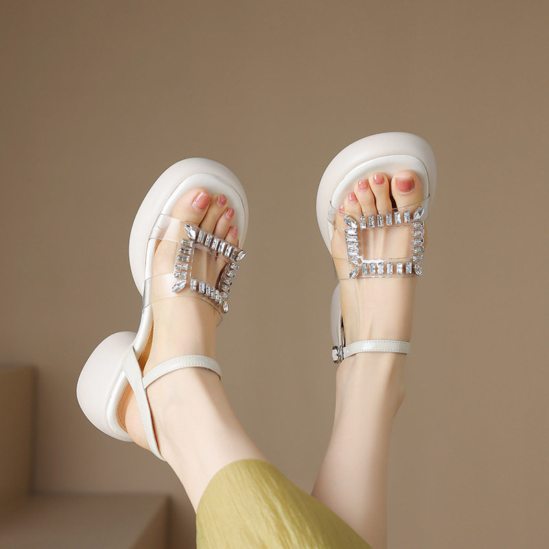 小个子松糕厚底凉鞋女方扣水钻透明凉鞋仙女风粗跟防水台高跟鞋夏,流行男鞋,马丁靴,淘宝优惠券,粉丝福利购,淘宝优惠卷