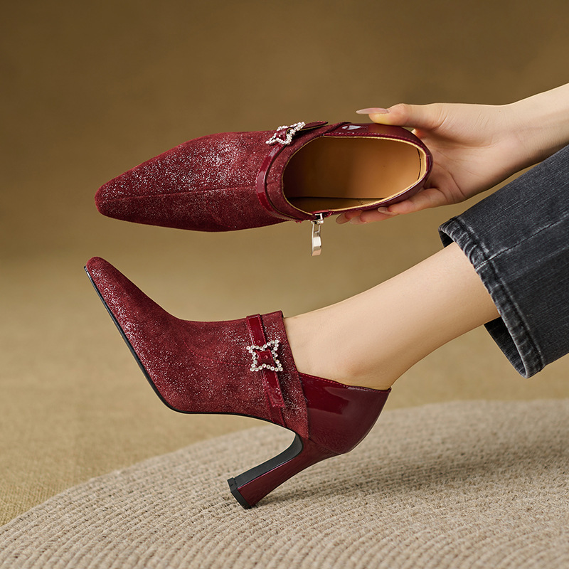 高跟鞋女粗跟2025春秋季新款尖头深口真皮单鞋高级感气质女士皮鞋