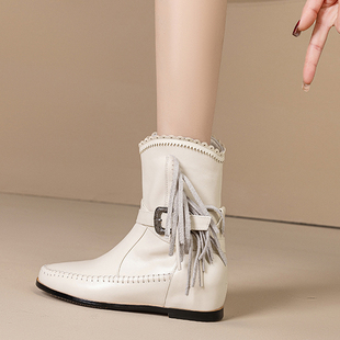 全真皮短靴女2025秋冬新款 内增高流苏女靴复古百搭骑士靴平跟女鞋