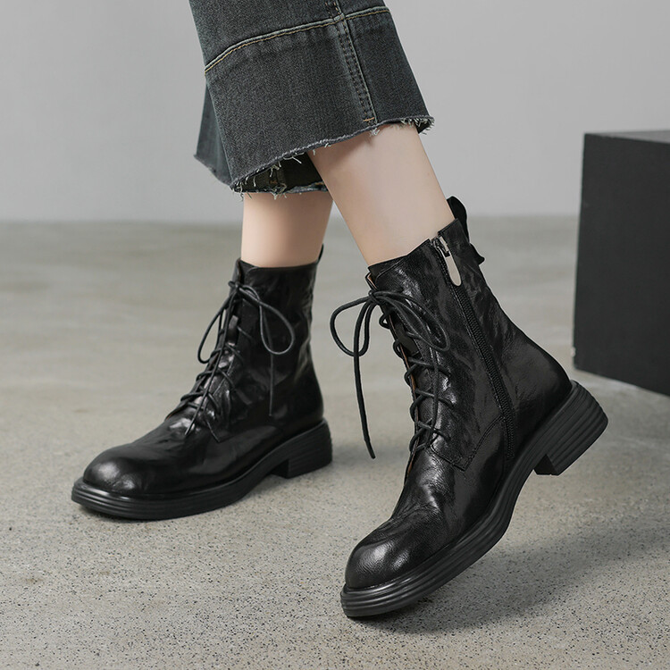 新款手抓纹褶皱羊皮低跟侧拉链系带短筒马丁靴复古罗马靴百搭靴子