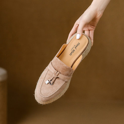 里外全皮厚底乐福鞋羊翻皮草编松糕底圆头深口单鞋休闲复古坡跟鞋