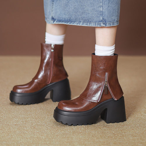 小个子厚底马丁靴女真皮瘦瘦裤管靴2024新款秋冬季超高跟粗跟短靴