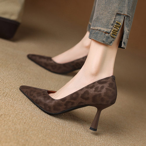 复古高跟鞋女细跟春秋新款豹纹设计感气质百搭法式方头单鞋尖头