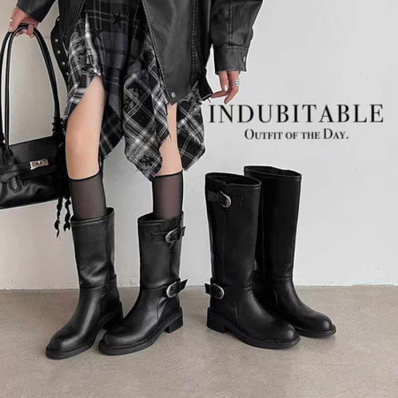 时髦精～！圆头皮带扣高筒骑士靴女真皮大筒围粗跟长靴黑色西部靴,户外/登山/野营/旅行用品,登山鞋/徒步鞋,淘宝优惠券,粉丝福利购,淘宝优惠卷