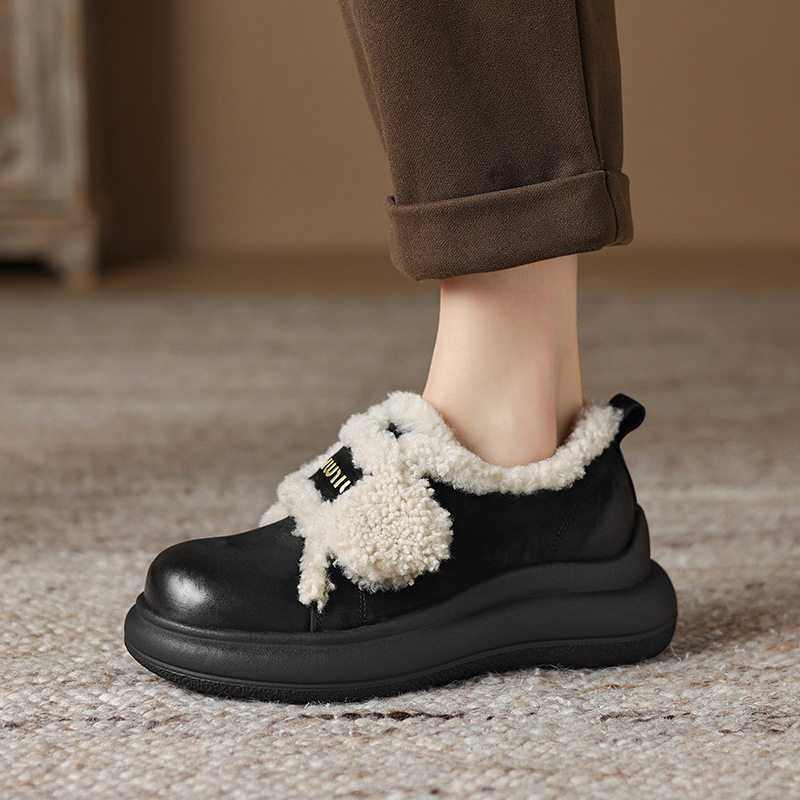 羊羔毛厚底乐福鞋女魔术贴真皮坡跟松糕底大棉鞋加绒厚毛保暖单鞋