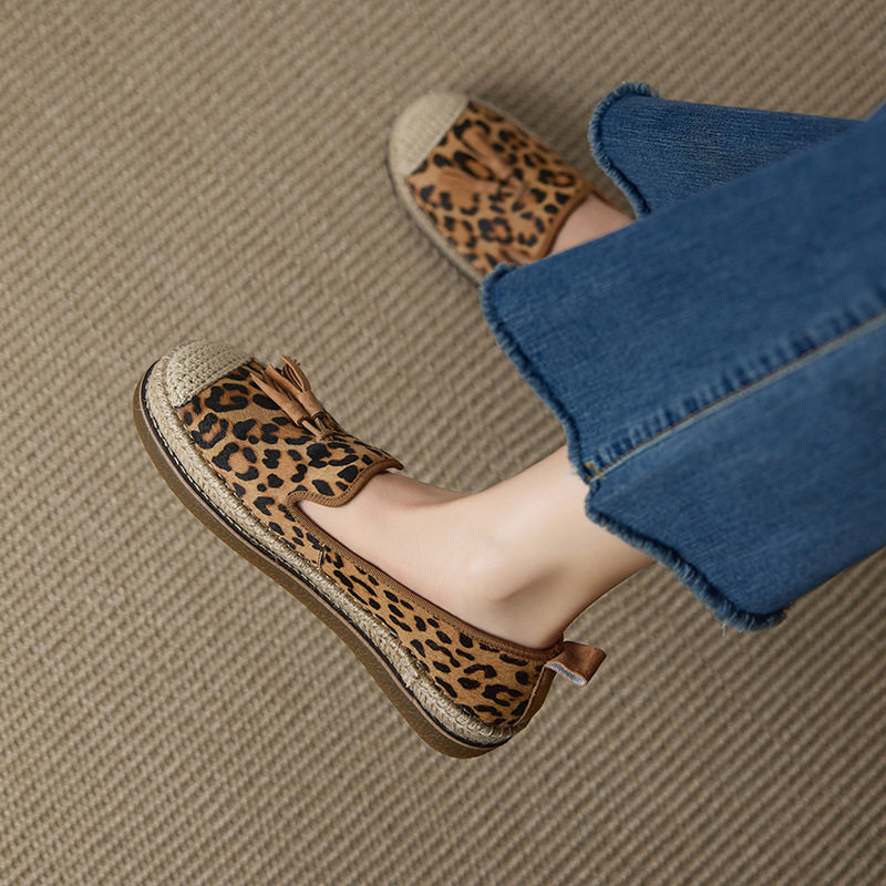 时尚豹纹流苏厚底浅口渔夫鞋女真皮时尚拼接草编旅游百搭休闲单鞋,户外/登山/野营/旅行用品,登山鞋/徒步鞋,淘宝优惠券,粉丝福利购,淘宝优惠卷