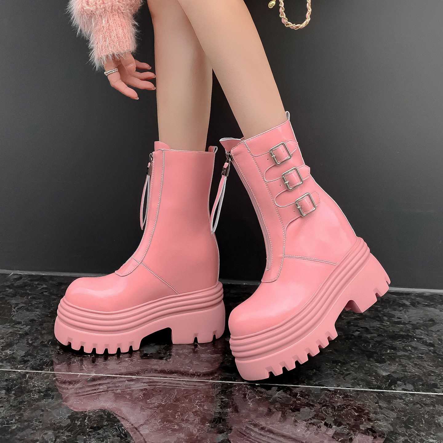 12cm15cm女鞋秋冬季超高跟马丁靴子真皮松糕厚底内增高短靴女纯色