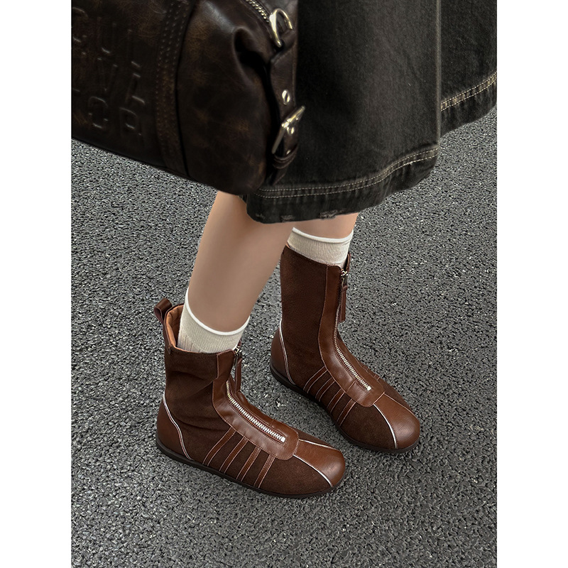 2025年秋冬新款牛皮短靴女前拉链拼色英伦风马丁靴百搭真皮西部靴