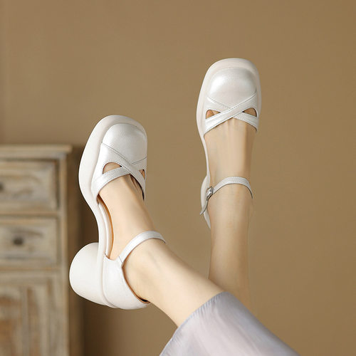 包头中空凉鞋女真皮2024年新款配裙子罗马鞋一字扣带仙女风高跟鞋