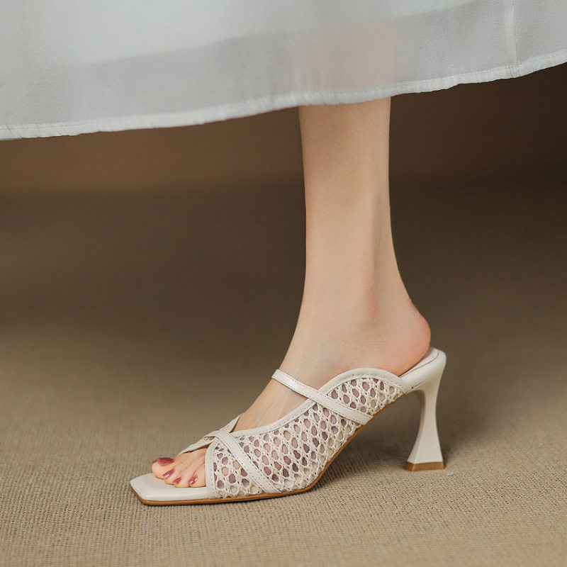 法式绝美晚晚风气质高跟凉拖鞋女夏季外穿真皮网纱镂空粗跟一字拖,流行男鞋,马丁靴,淘宝优惠券,粉丝福利购,淘宝优惠卷