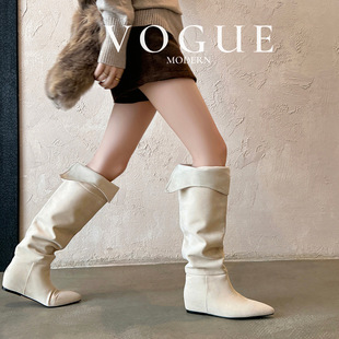 靴子美拉德尖头内增高小众开叉两穿西部靴修饰腿型米白色长筒靴女